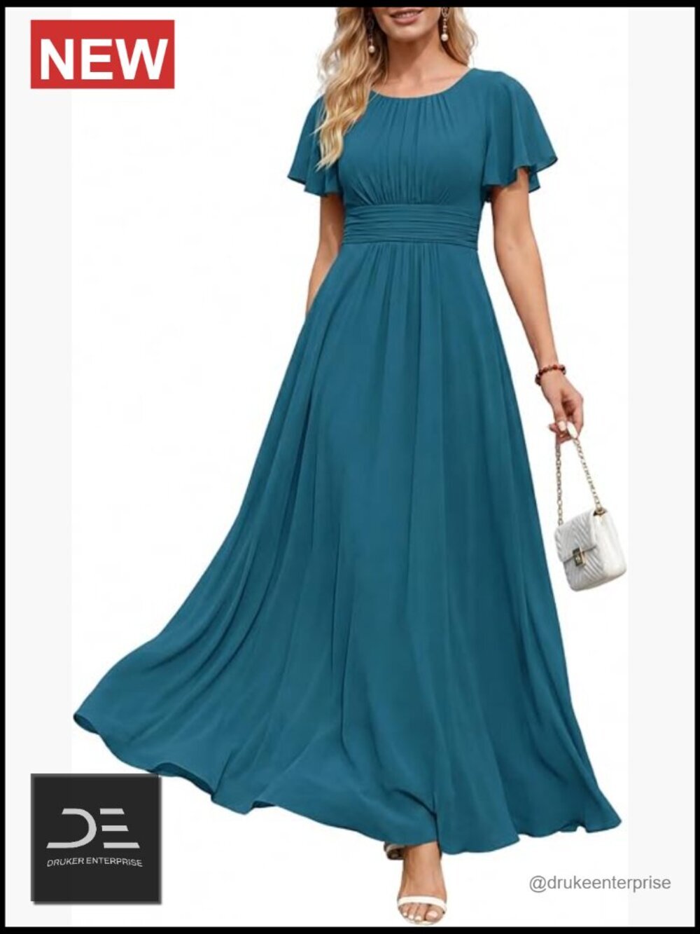 Elegant Floor Length Chiffon Formal Bridesmaid Dress Short Sleeve